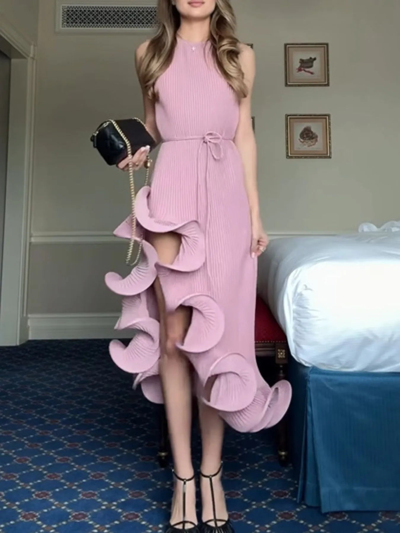 Ribbed Sleeveless Dress with Asymmetrical Ruffle Hem Secondary image