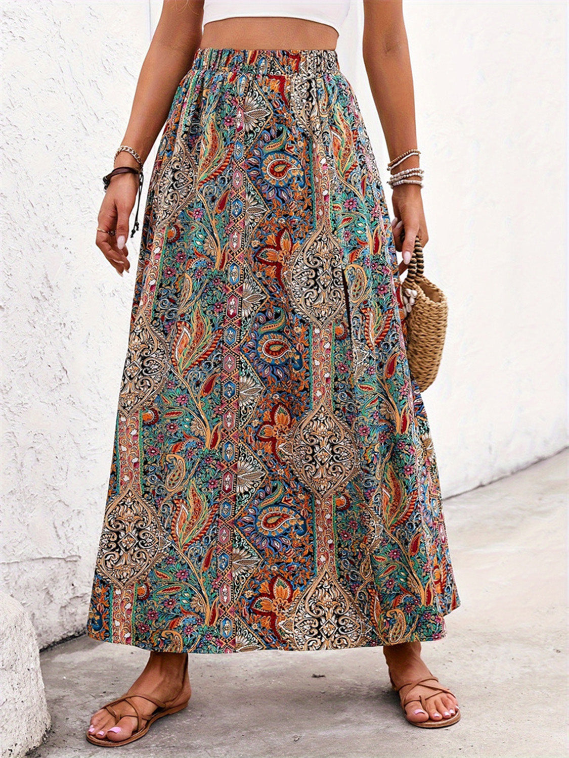Slit Printed Elastic Waist Skirt Secondary image