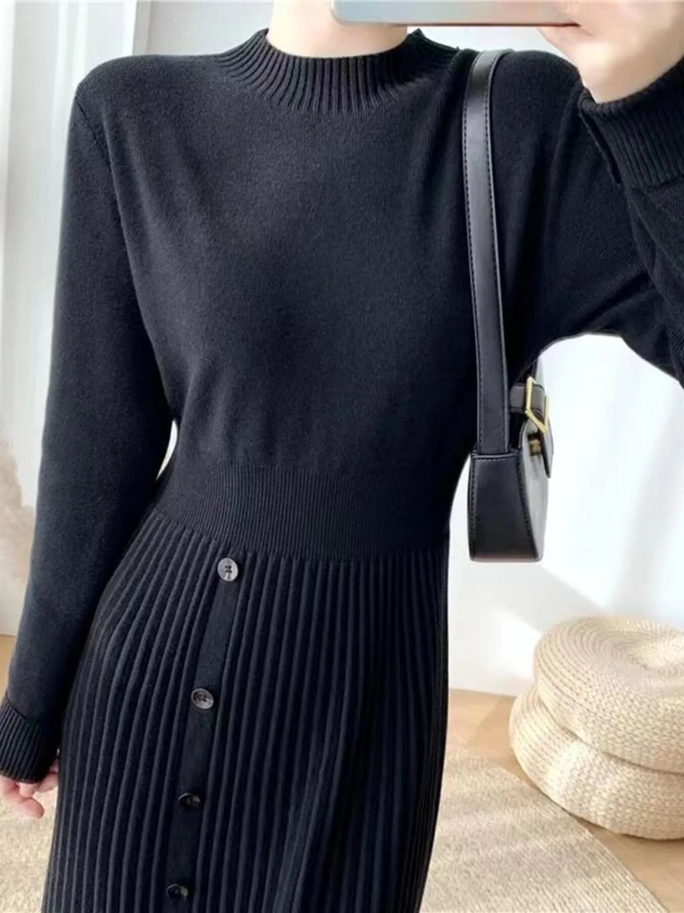 Mock Neck Knit Dress with Front Slit and Button Detail Secondary image