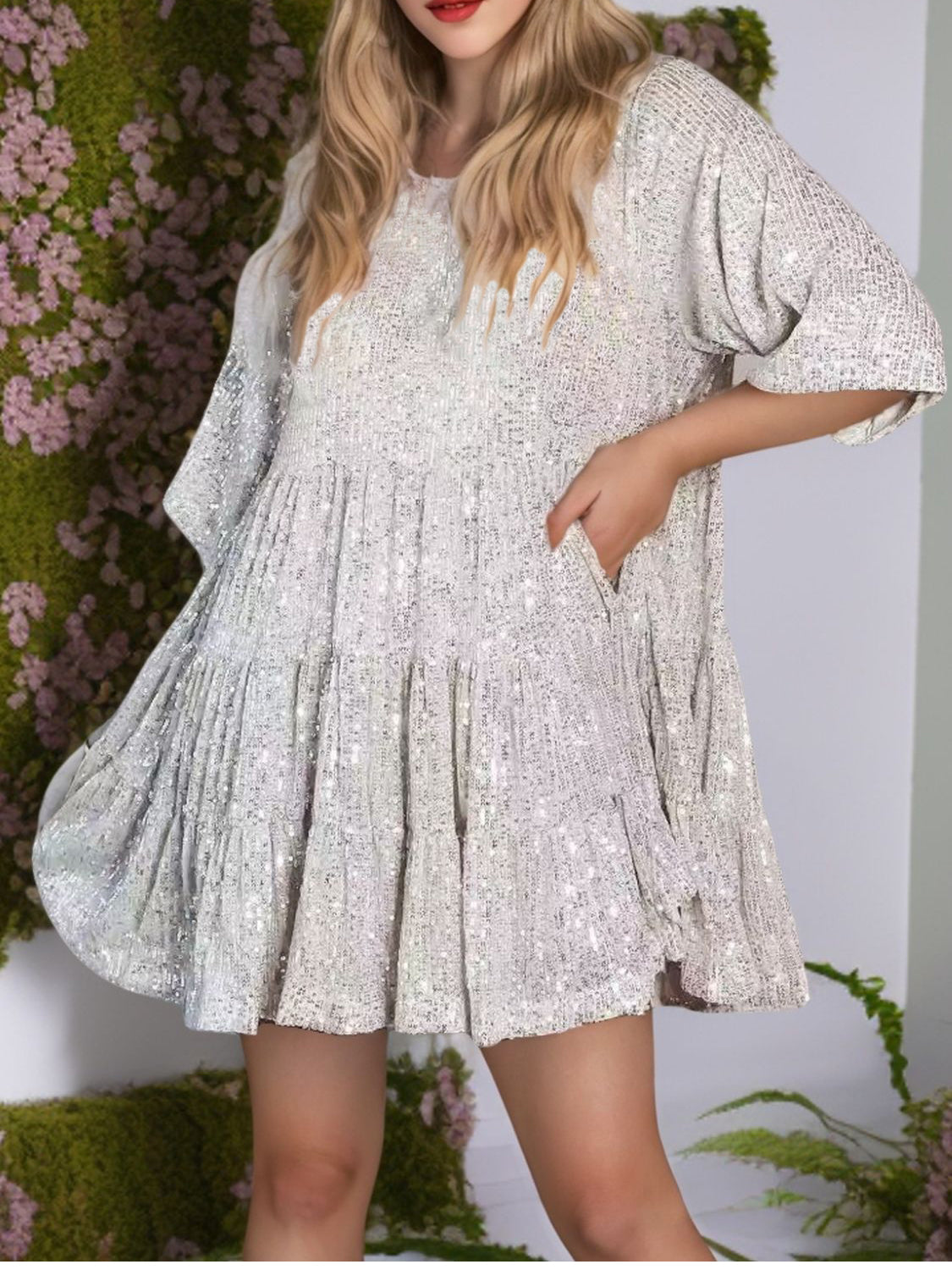 Sequin Round Neck Half Sleeve Mini Dress Main image