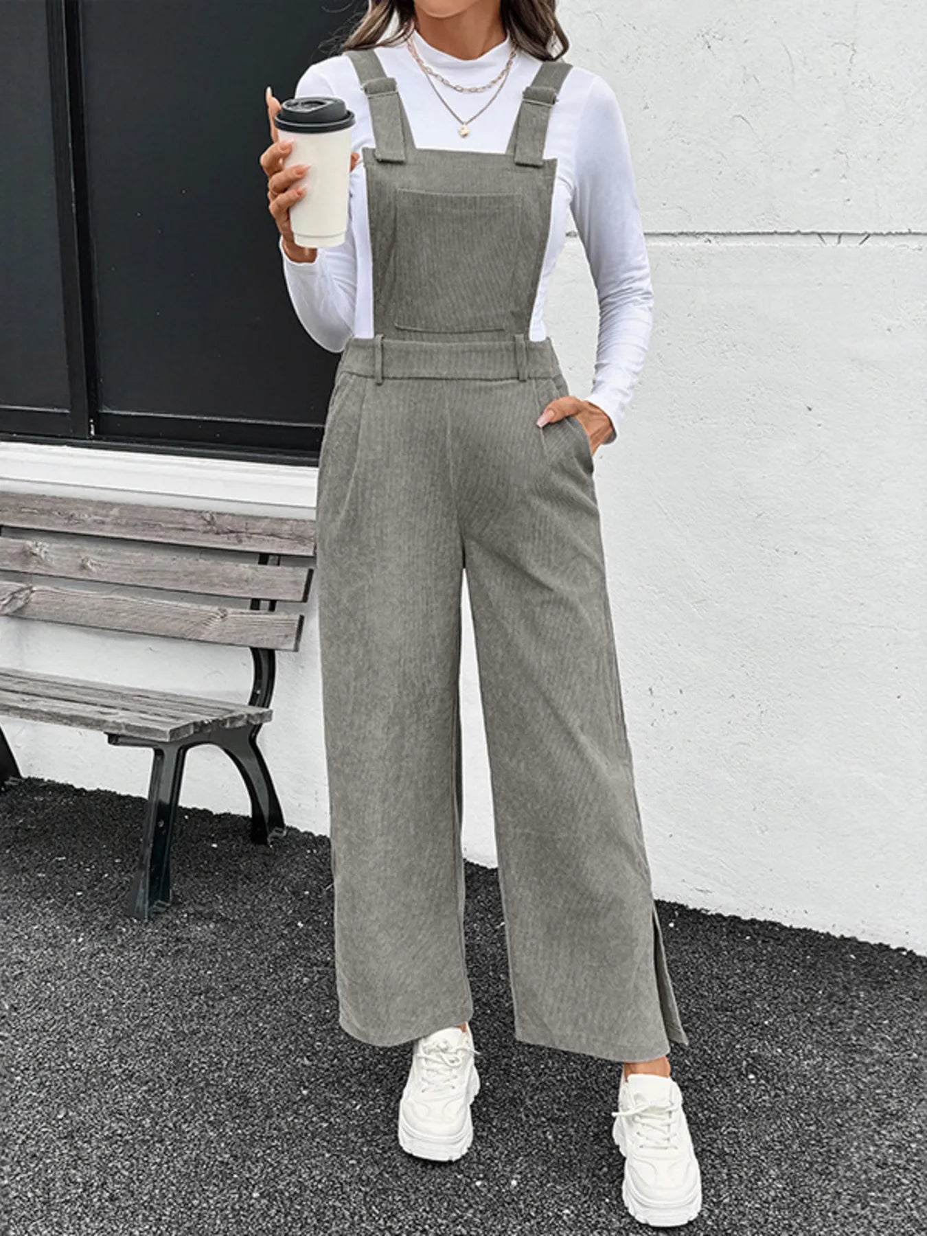 Slit Wide Leg Overalls with Pockets Secondary image