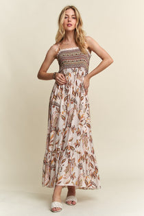 Smocked Printed Square Neck Tie Shoulder Cami Dress