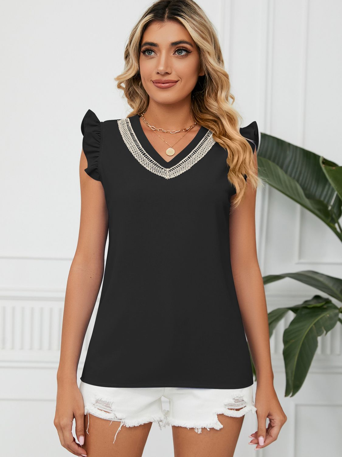 Ruffled V-Neck Cap Sleeve Blouse Main image