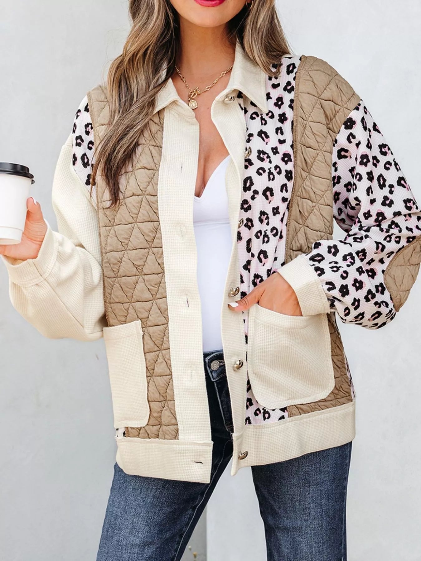 Leopard Waffle Quilted Patchwork Button Front Jacket Secondary image