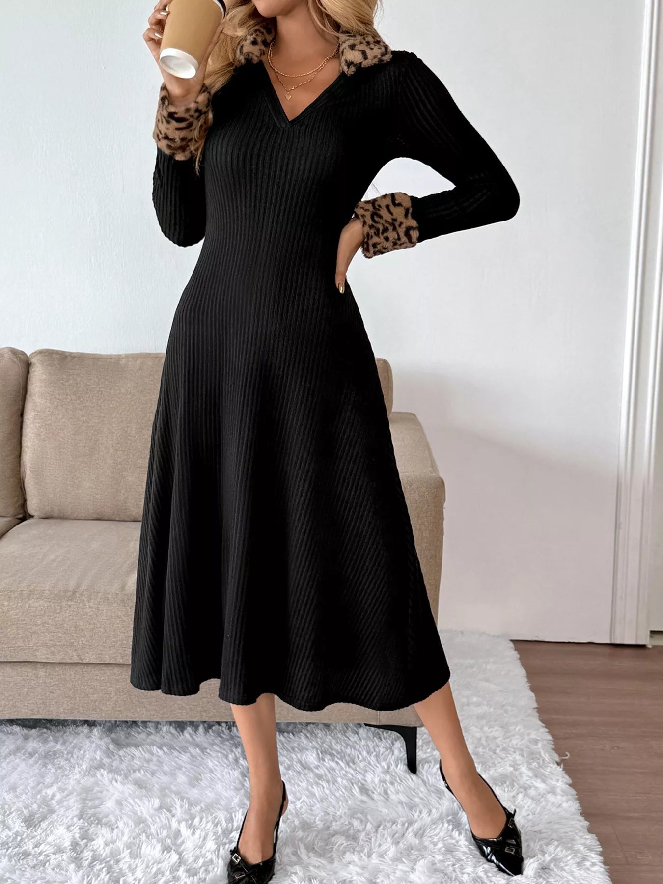 Leopard Print Johnny Collar Midi Dress with Contrast Cuffs Secondary image