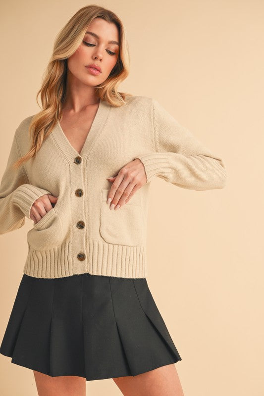 Ribbed Hem Button Down V-Neck Cardigan Secondary image