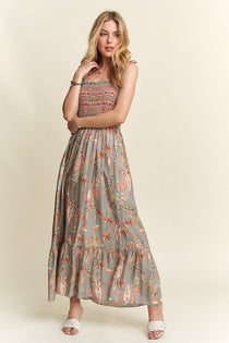 Smocked Printed Square Neck Tie Shoulder Cami Dress