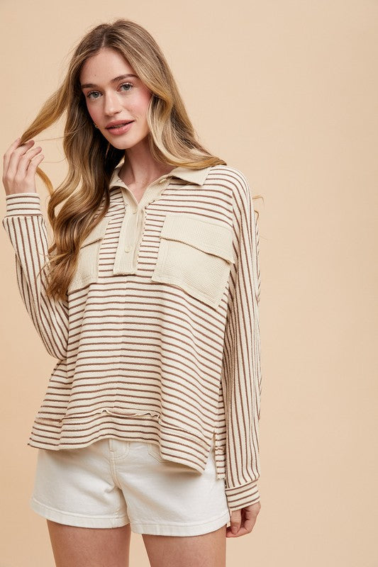 Striped Button Detail Long Sleeve Polo Top Main image