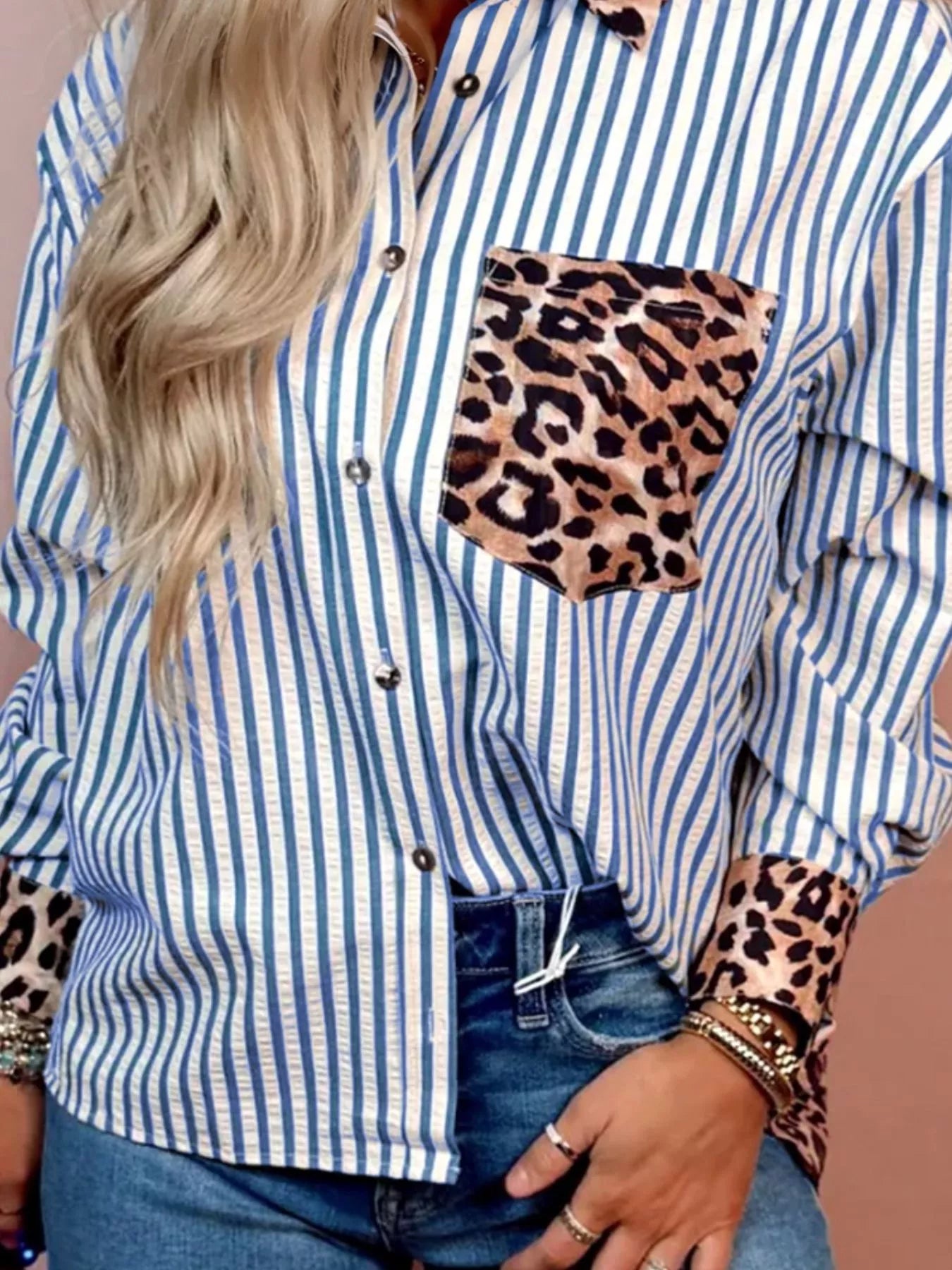 Striped Leopard Print Patchwork Button Up Shirt Secondary image