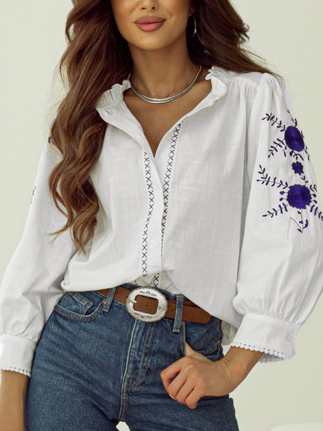 Frill Floral Embroidered Sleeve Shirt Main image