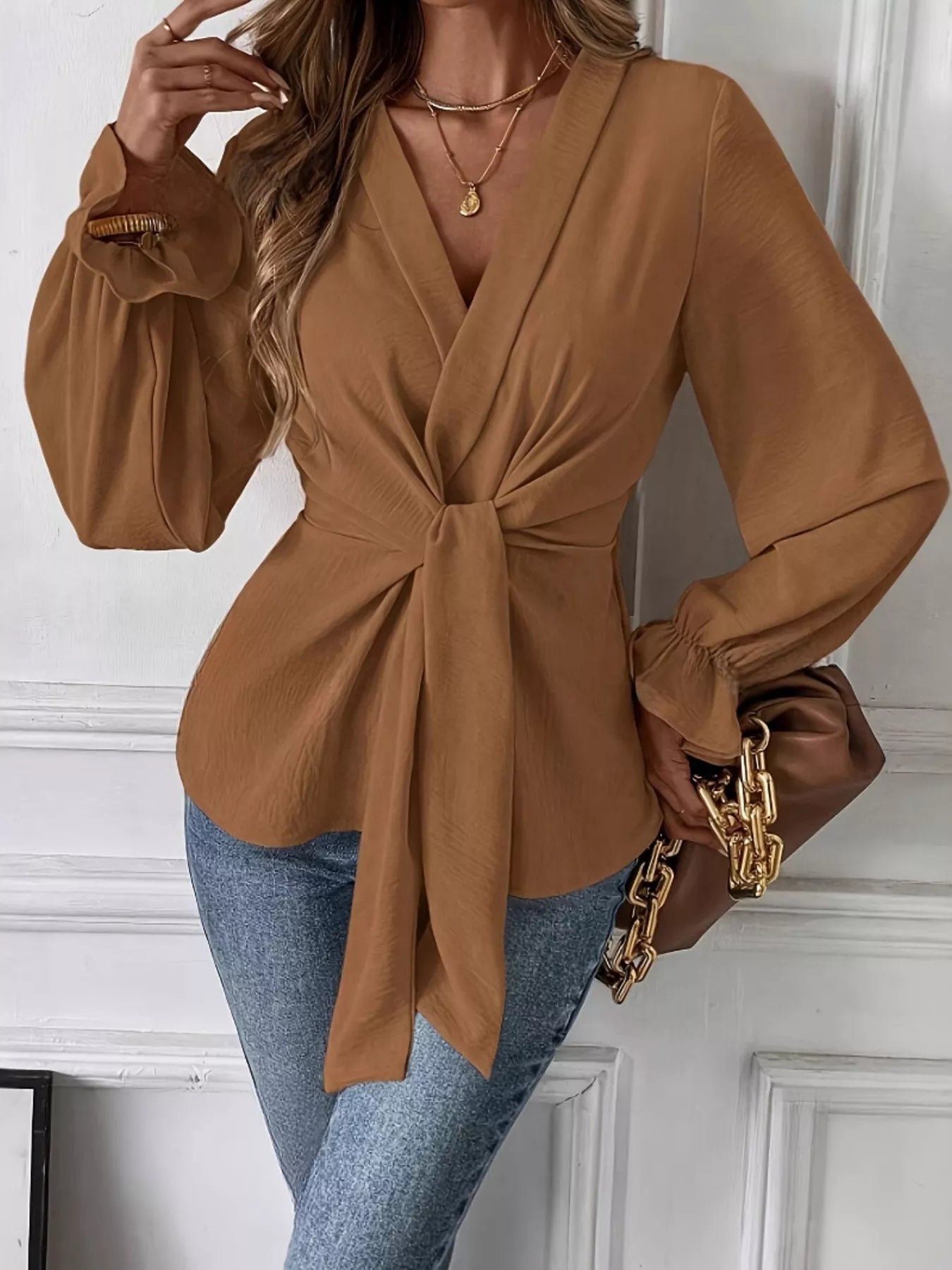 Knot Front Flounce Sleeve Blouse Secondary image