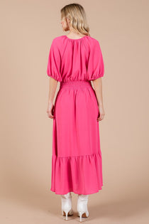 Smocked Elastic Waist Tie Neck Puff Sleeve Dress