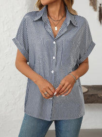 Pocketed Striped Collared Neck Short Sleeve Shirt