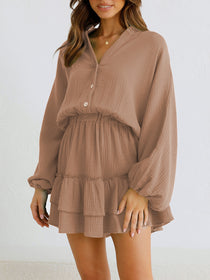 Ruffled Notched Balloon Sleeve Mini Dress