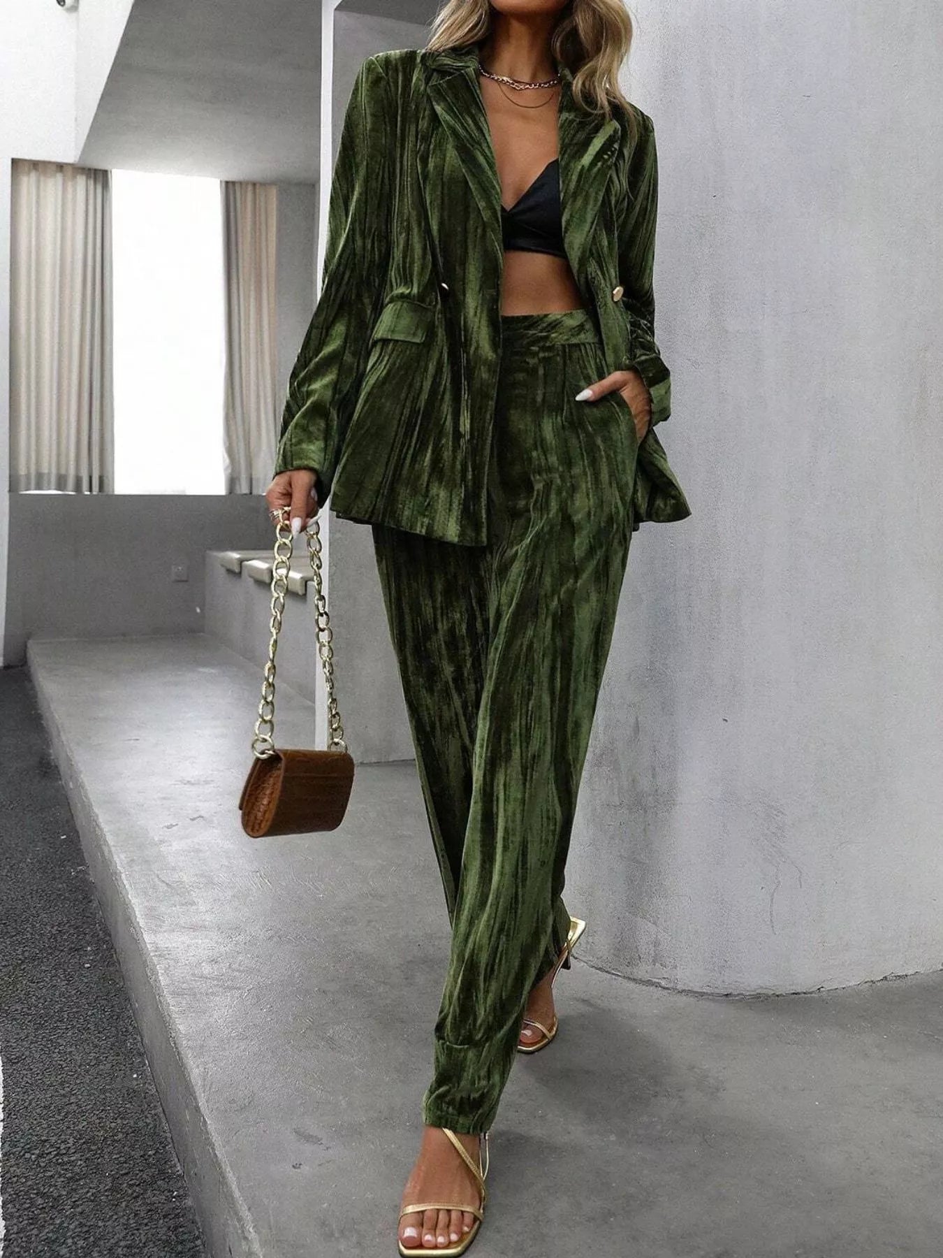 Lapel Collar Long Sleeve Blazer and Pants Set Secondary image
