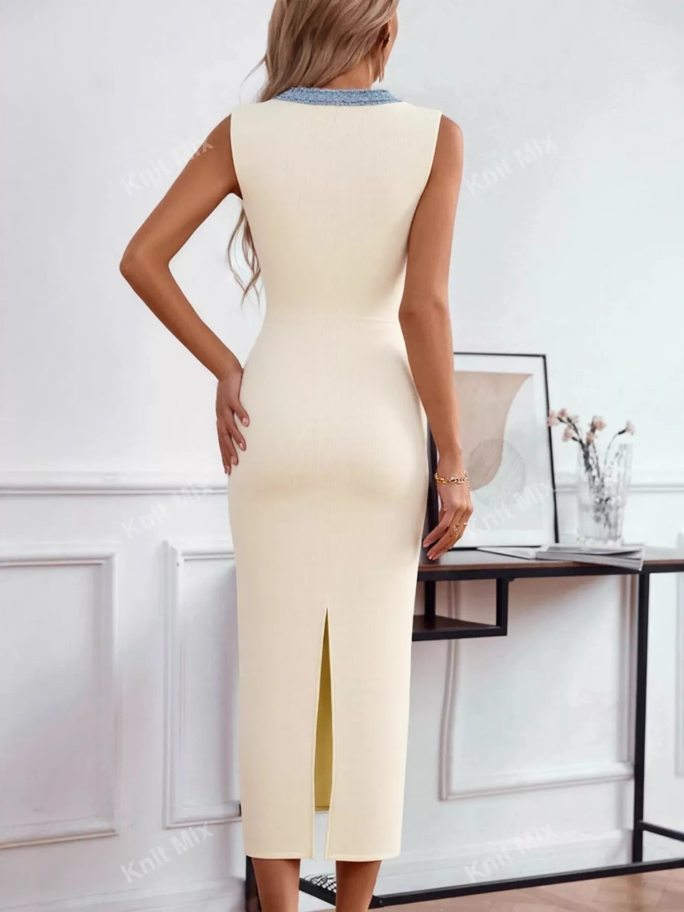 Sleeveless Sheath Dress with Contrast Stitching & Slit Secondary image