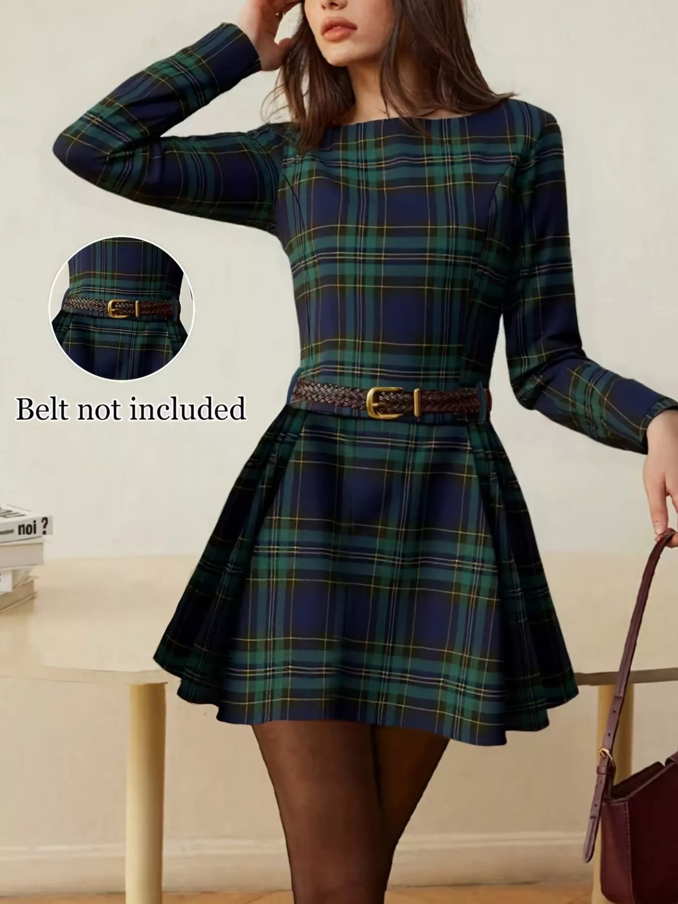 Plaid Print Long Sleeve A-Line Dress Secondary image