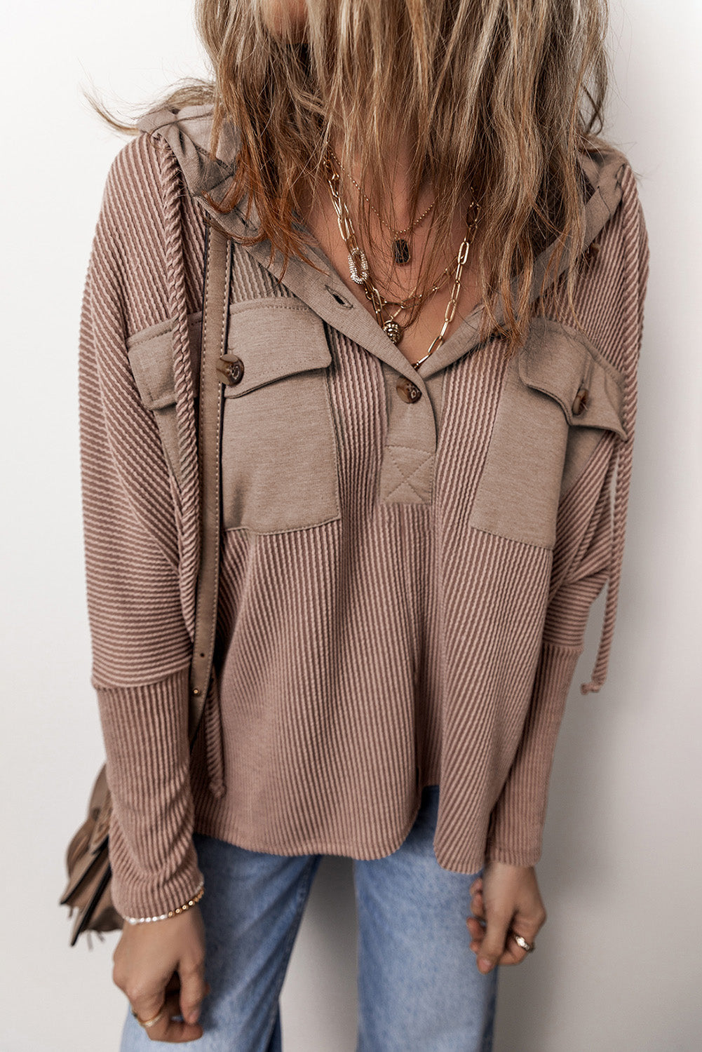 Pocketed Half Button Long Sleeve Hoodie Secondary image
