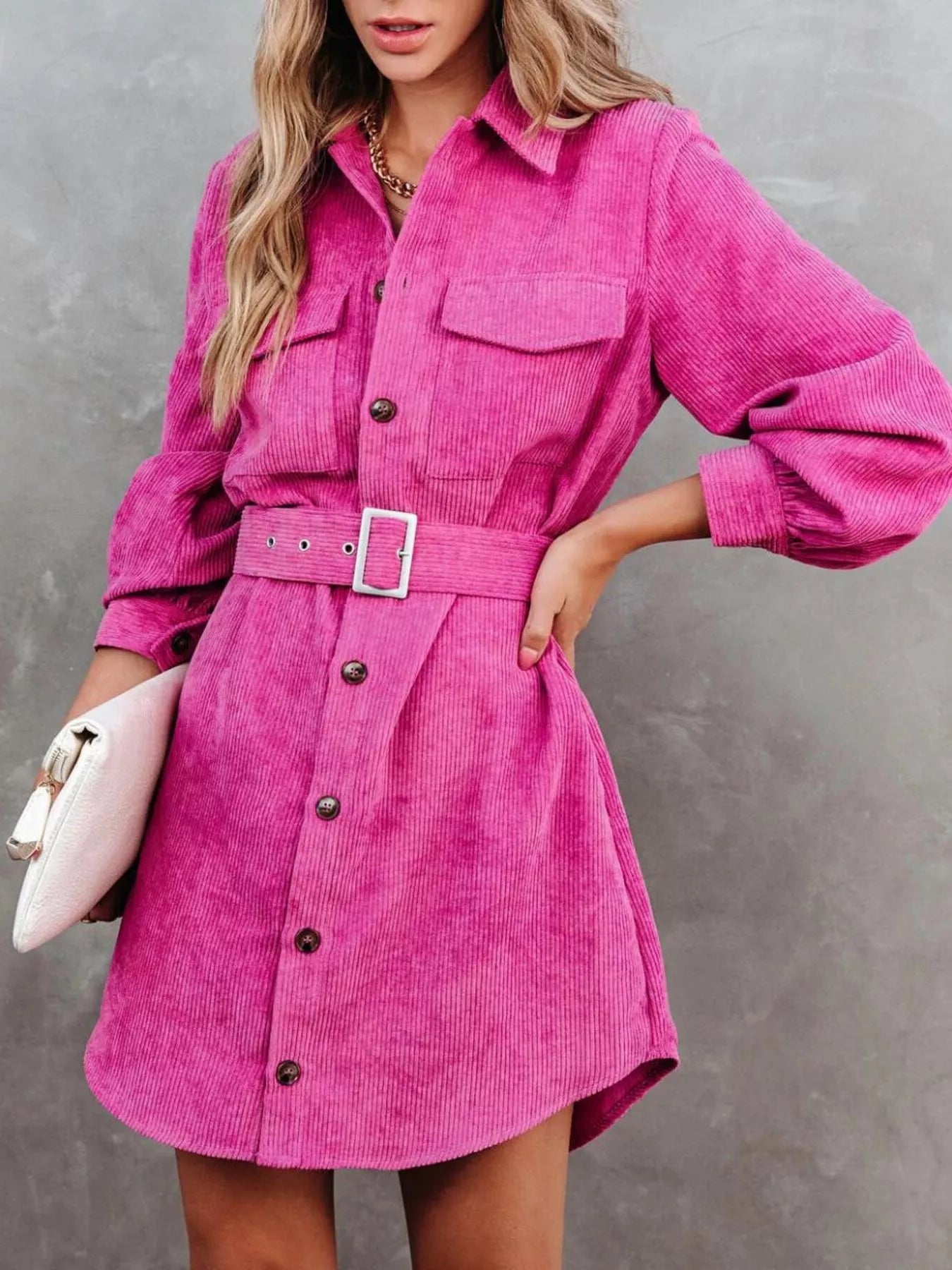 Corduroy Shirt Dress with Belt and Long Sleeves Secondary image
