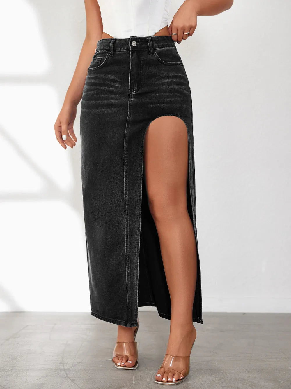 High Rise Slit Denim Skirt Secondary image
