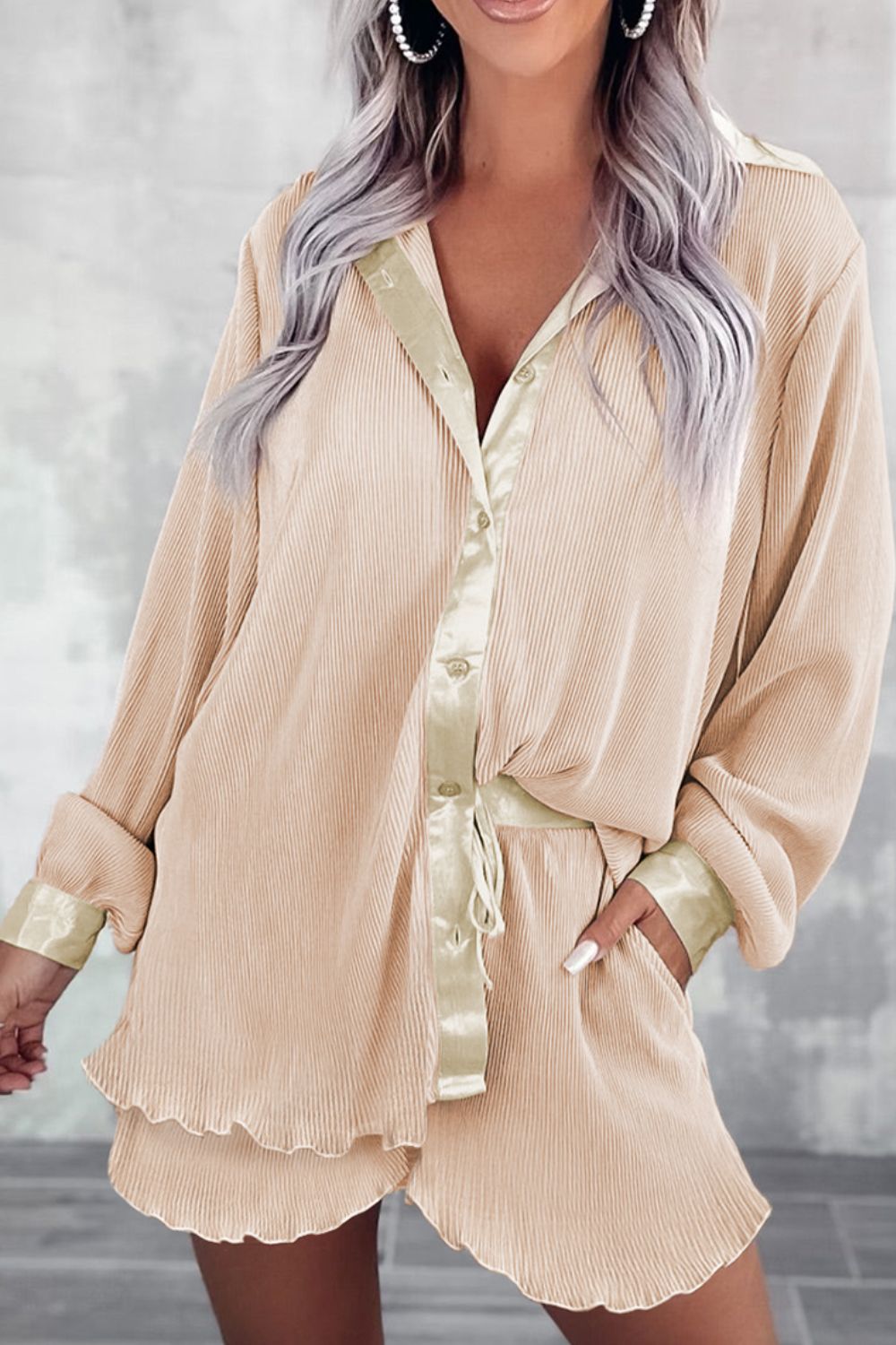 Button Up Long Sleeve Top and Shorts Set Secondary image