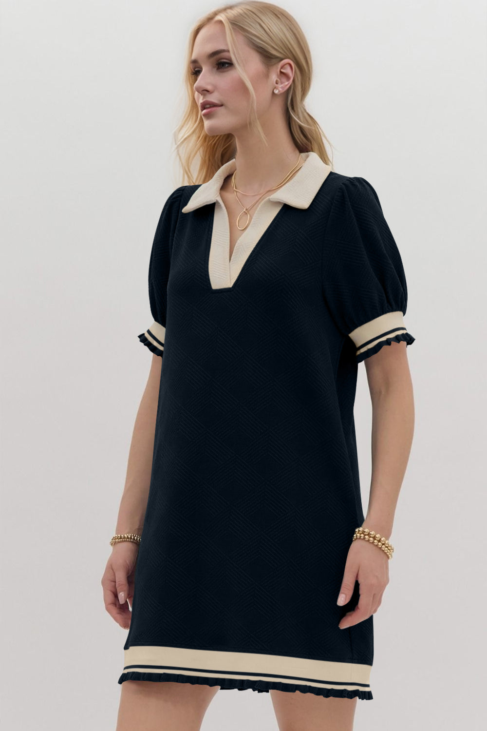 Frill Contrast Trim Johnny Collar Short Sleeve Mini Dress Main image