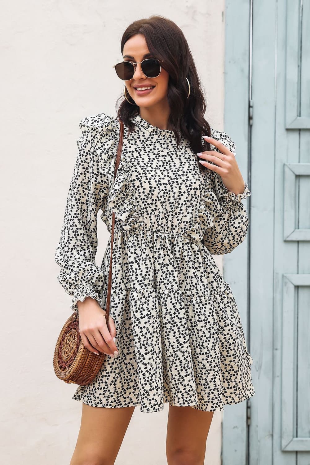 Printed Ruffle Trim Smocked Long Sleeve Mini Dress Main image