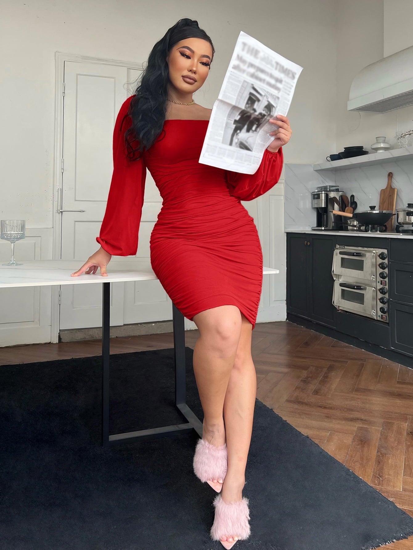 Square Neck Bodycon Dress with Ruched Detail & Back Zip Secondary image