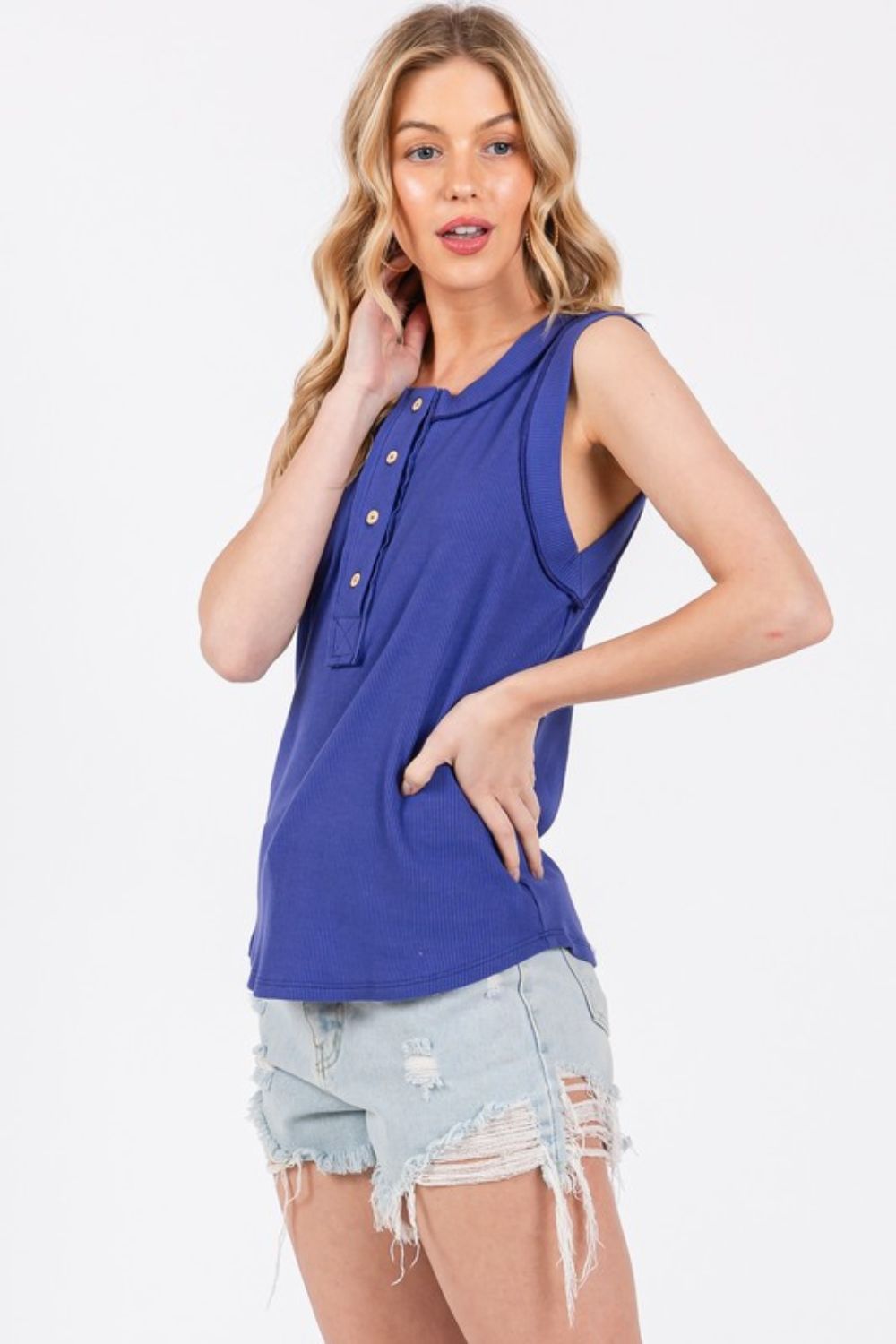 Stitch Detail Half Button Ribbed Tank