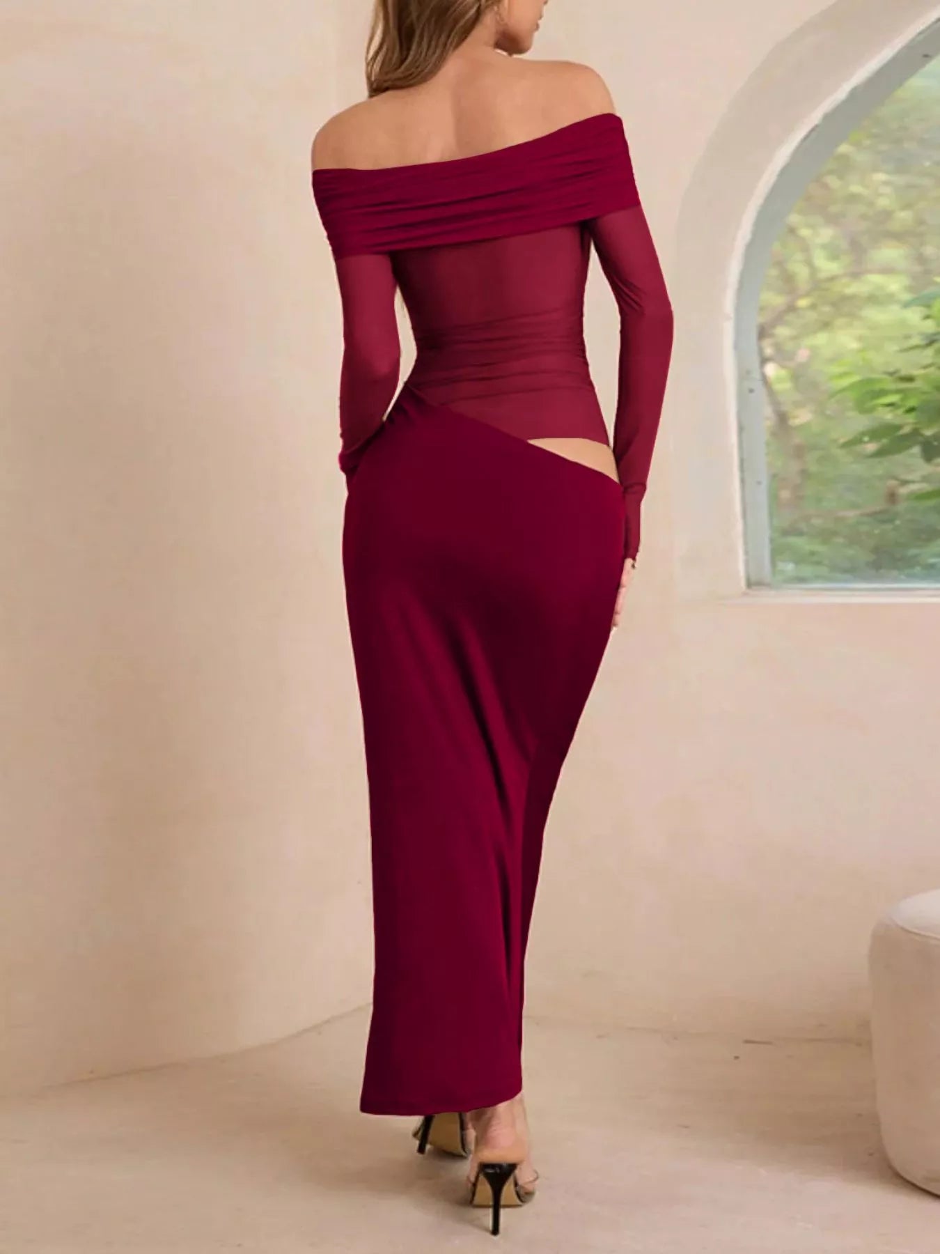 Off-Shoulder Long Sleeve Ruched Bodycon Maxi Dress Secondary image