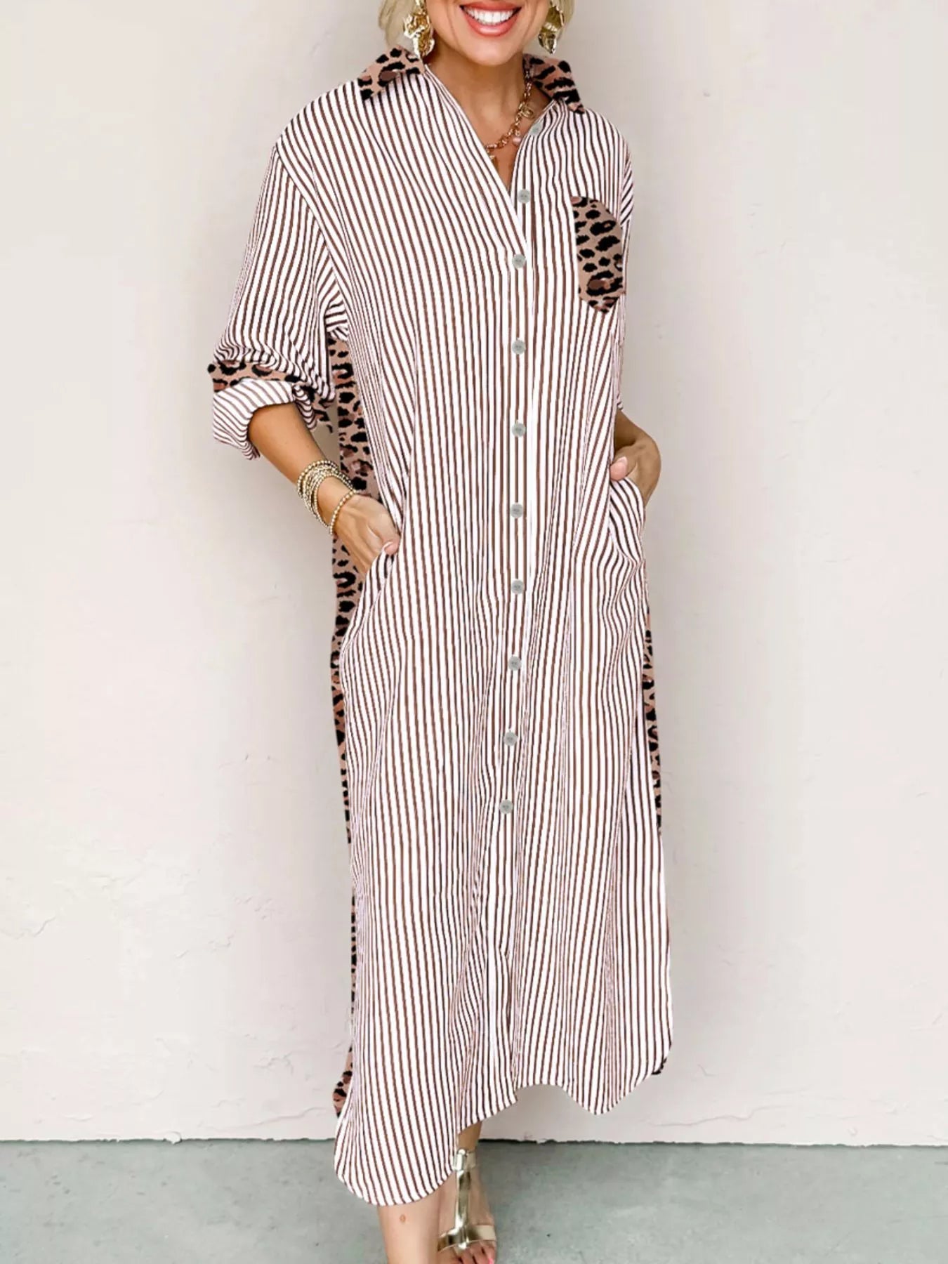 Striped Leopard Print Button Up Shirt Dress Secondary image