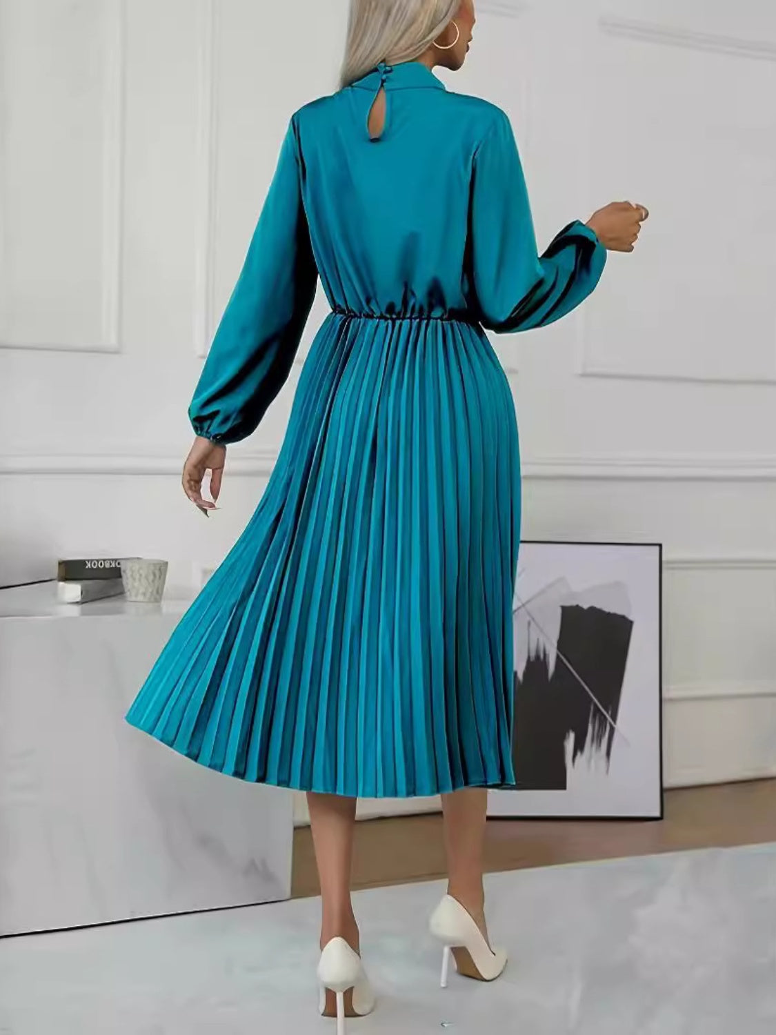 Mock Neck Long Sleeve Pleated Dress Secondary image