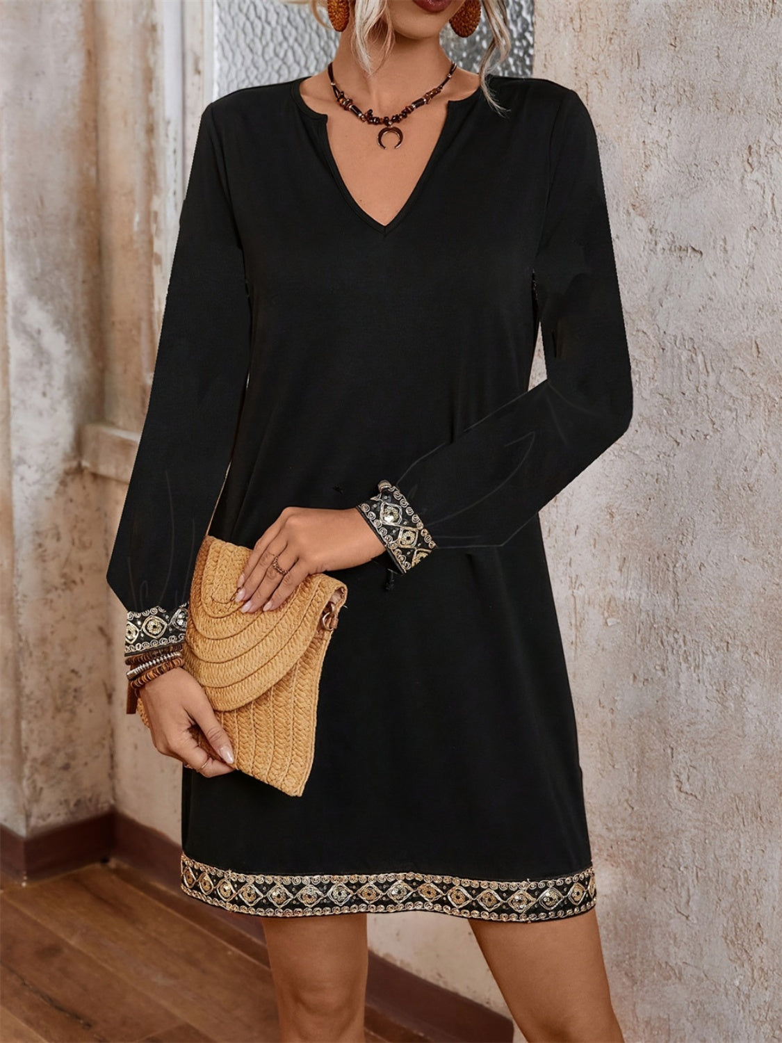 Embroidered Notched Long Sleeve Mini Dress Main image