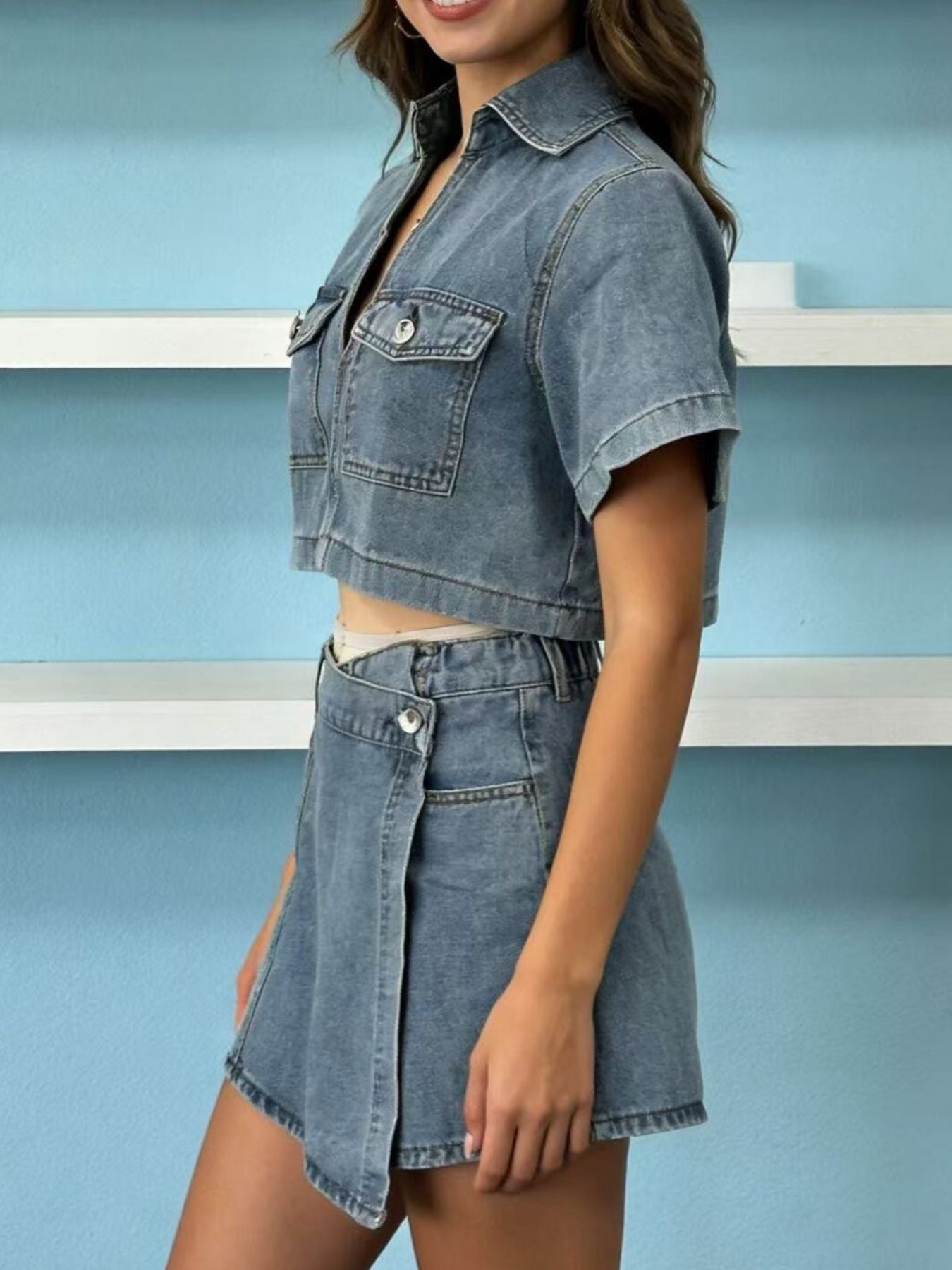 Short Sleeve Cropped Top and Skort Denim Set Secondary image