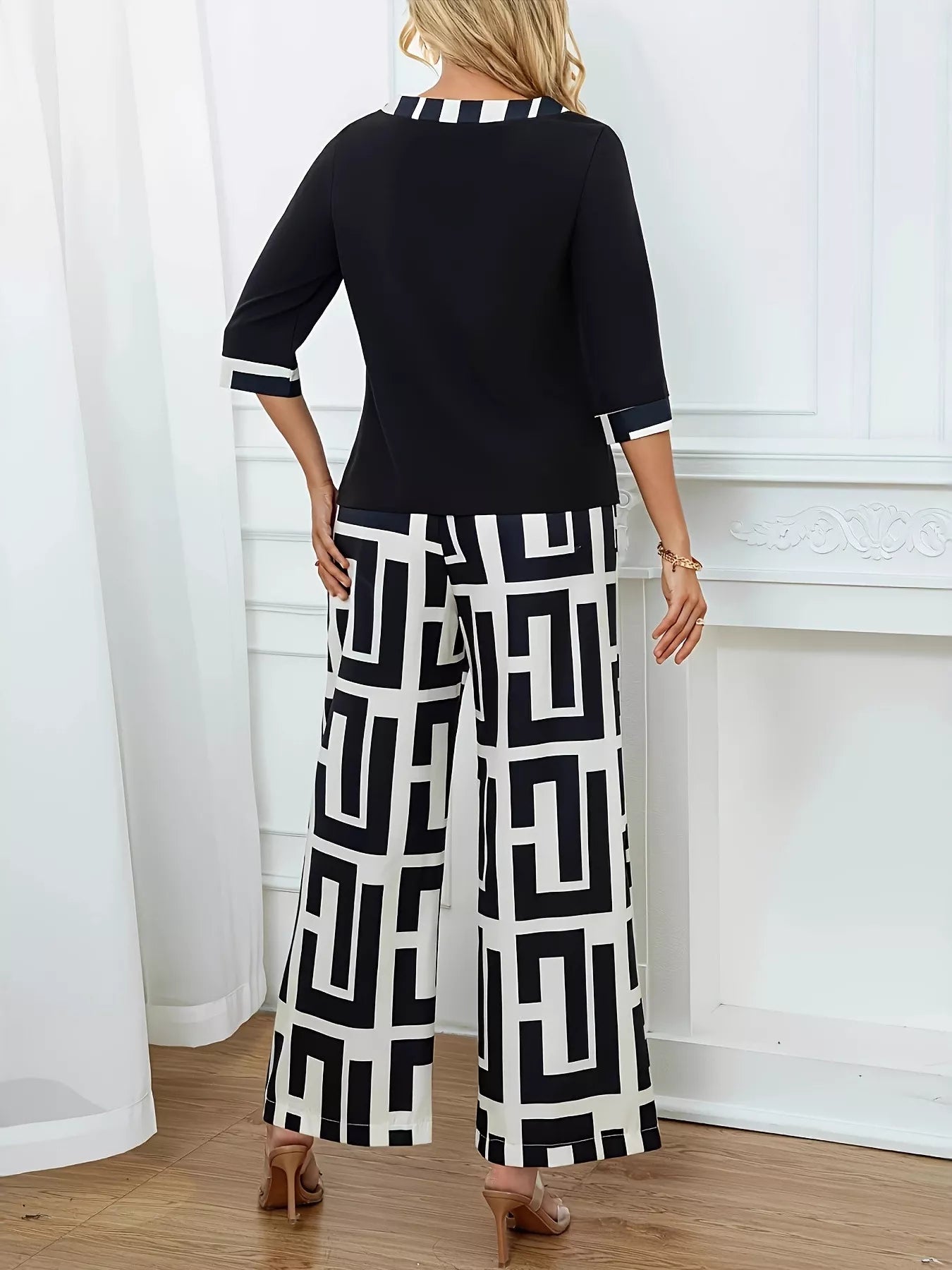 Round Neck Top and Wide Leg Pants Set Secondary image