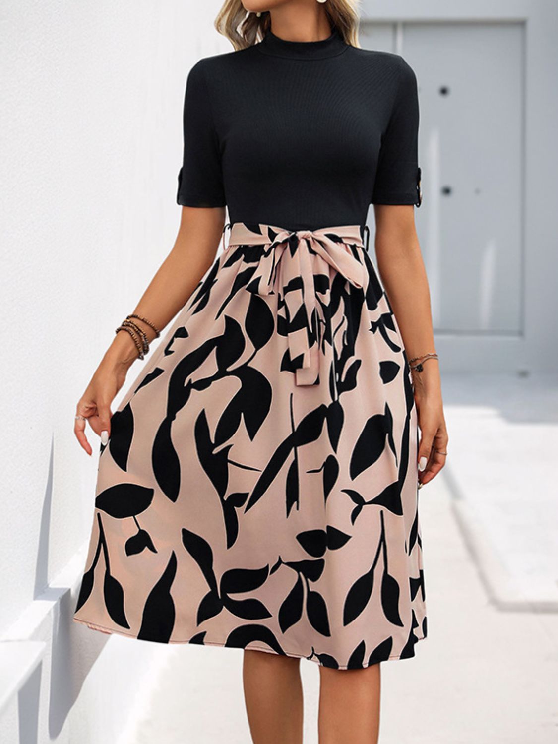 Tied Printed Mock Neck Short Sleeve Dress Main image