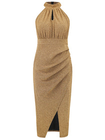 Slit Ruched Mock Neck Sleeveless Dress