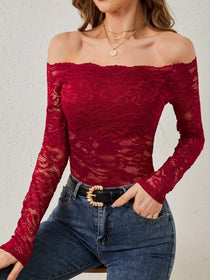 Off-Shoulder Lace Top with Long Sleeves