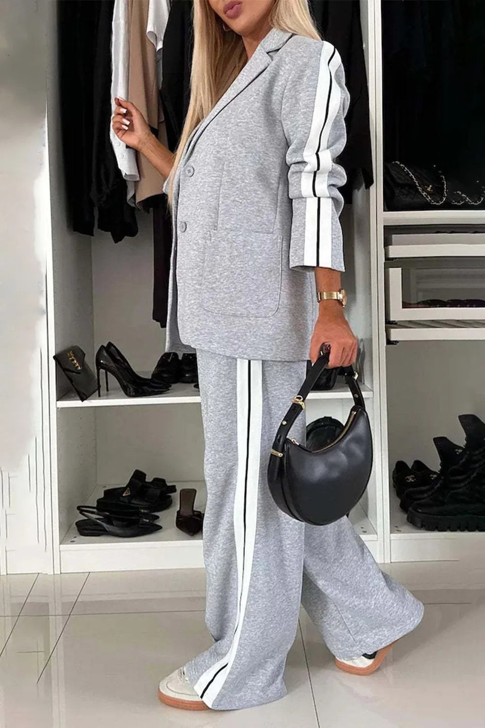 Full Size Contrast Lapel Collar Top and Pants Set Secondary image