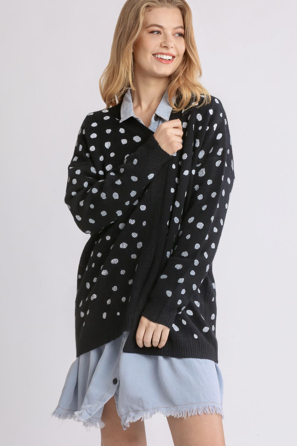 Polka Dot Open Front Drop Shoulder Cardigan Main image