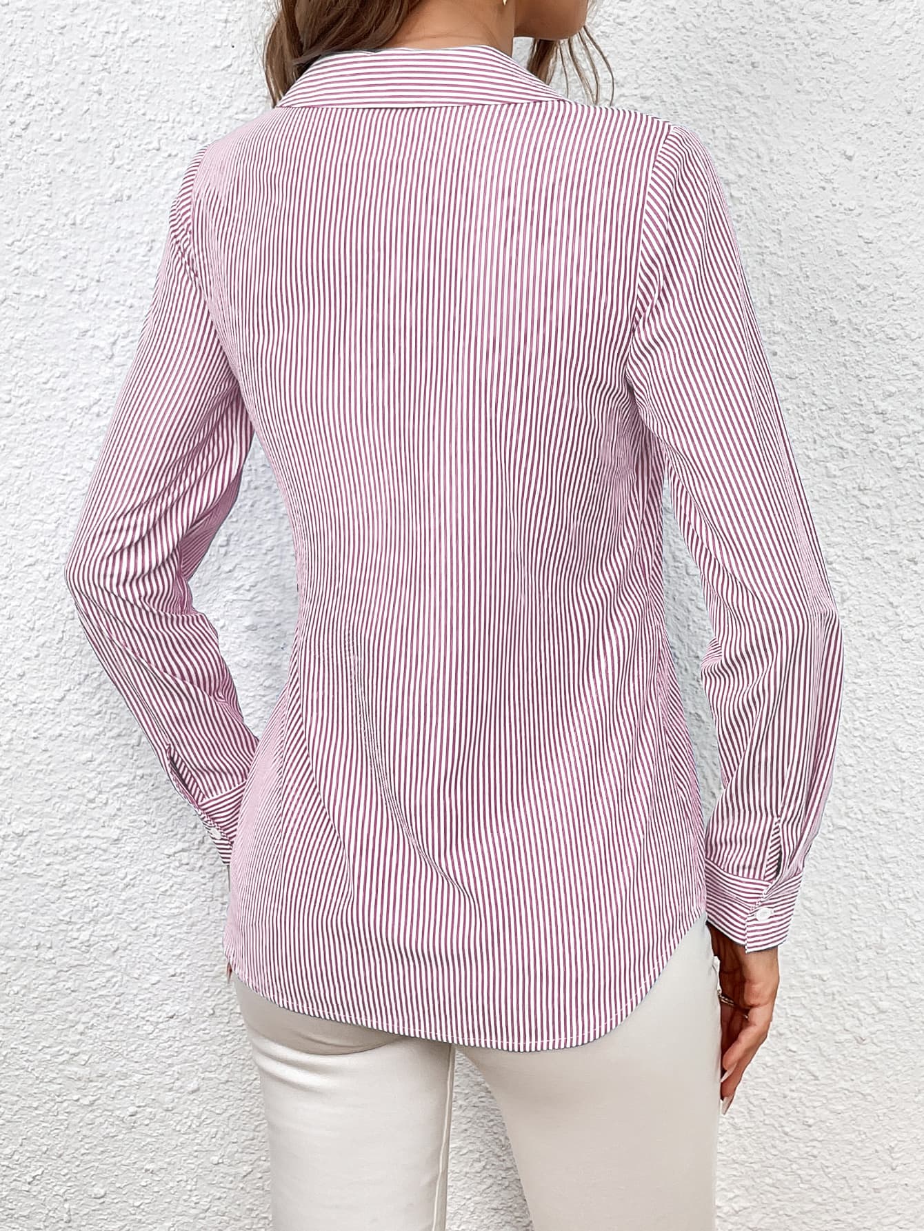 Bow Tie Waist Johnny Collar Neck Striped Blouse Secondary image