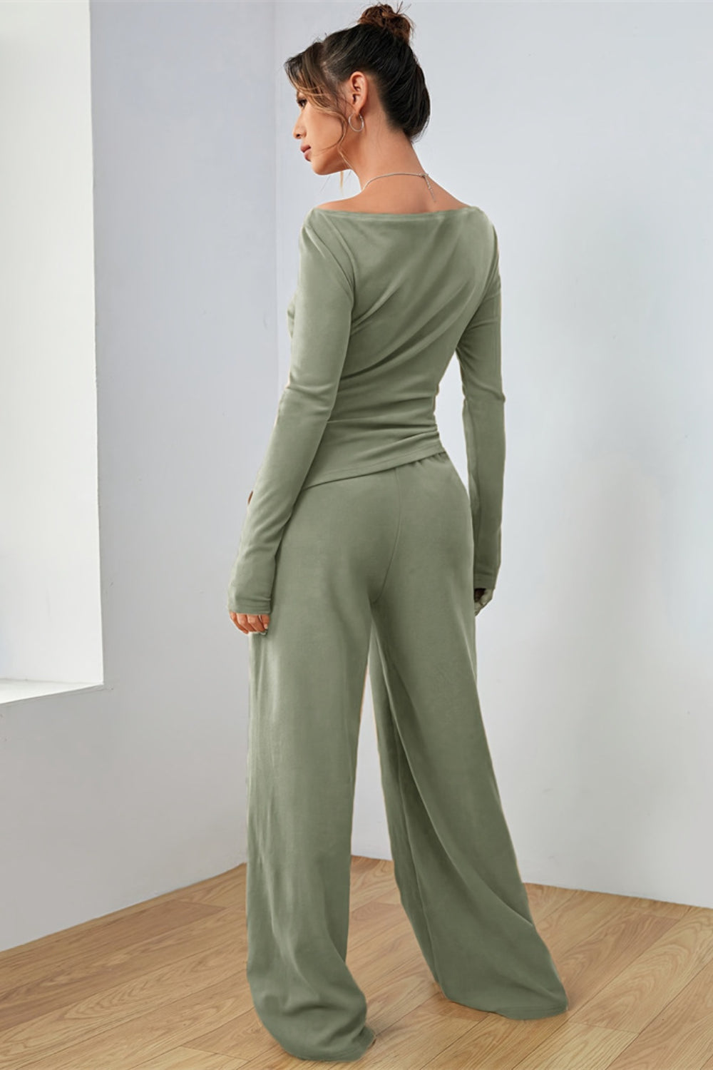 Boat Neck Long Sleeve Top and Pants Set Secondary image