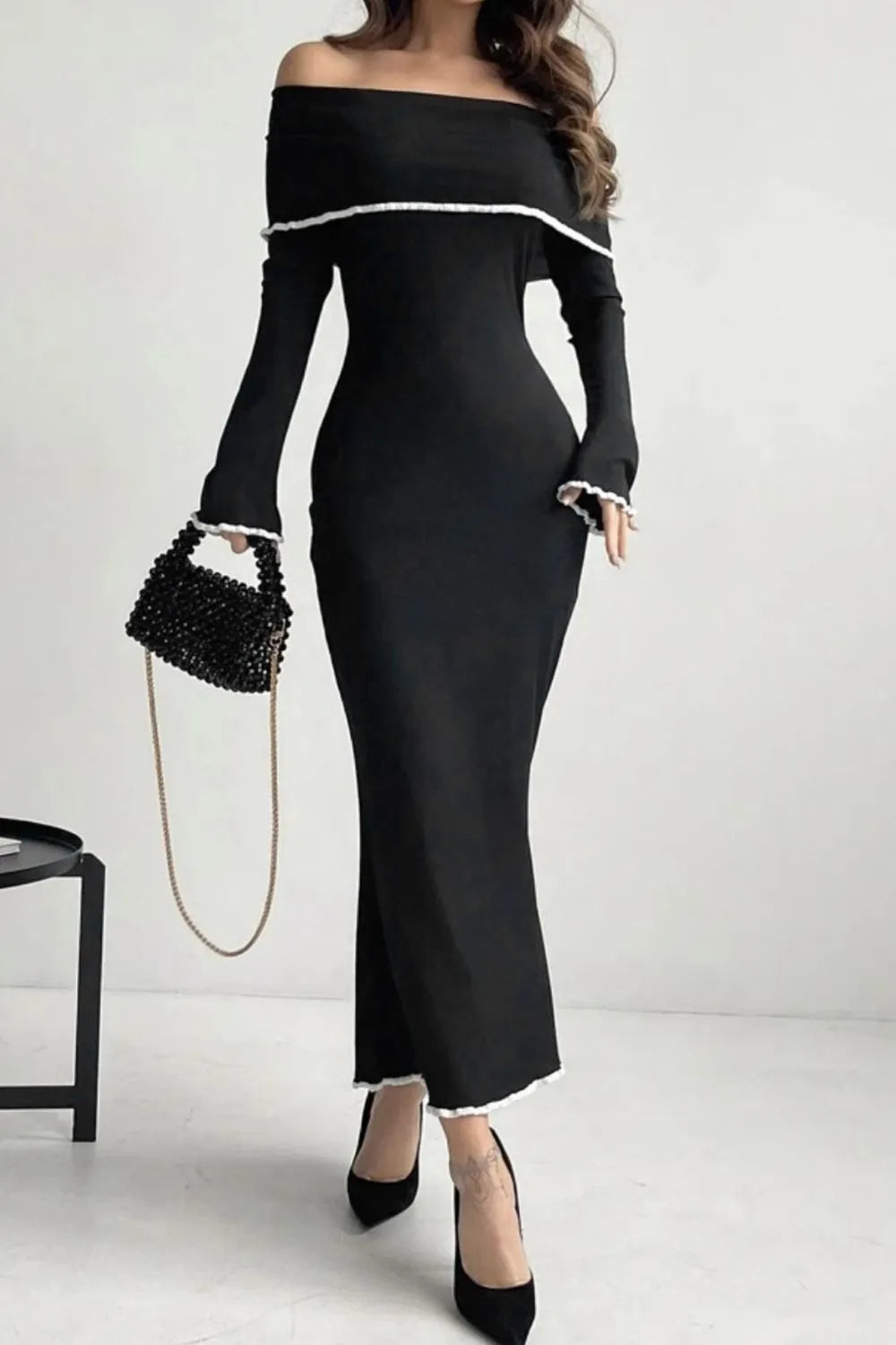 Off-Shoulder Sweater Dress with Contrast Trim Secondary image
