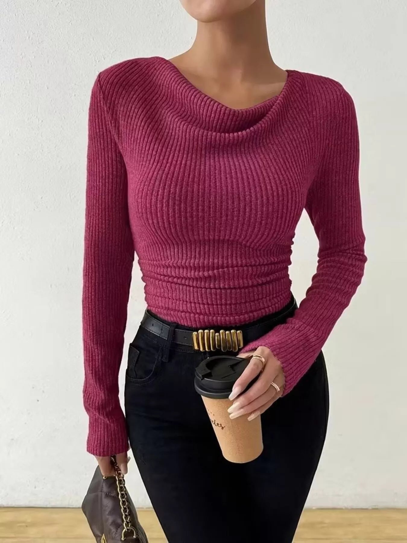 Cowl Neck Ribbed Knit Top Secondary image