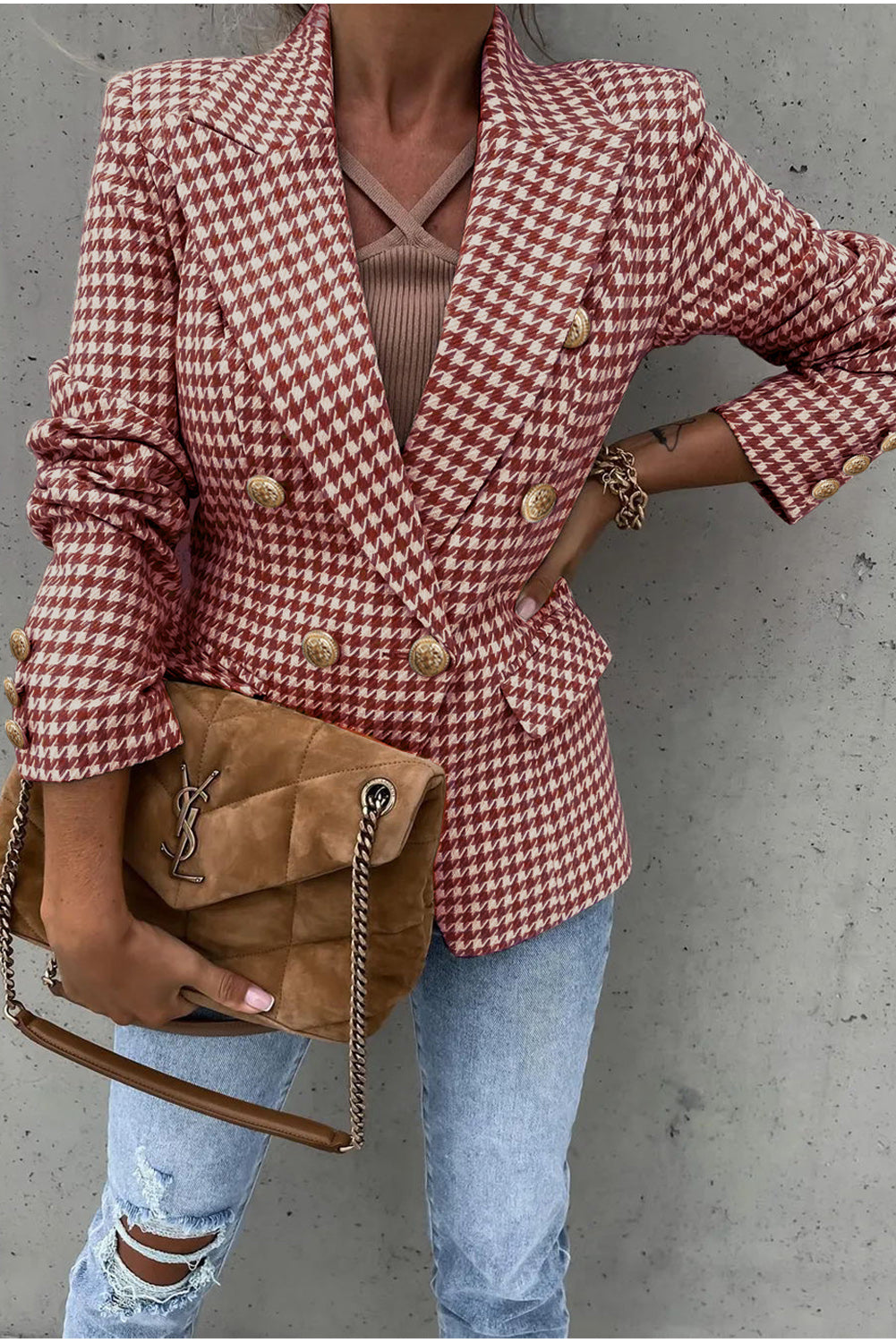 Houndstooth Collared Neck Double-Breasted Blazer Secondary image