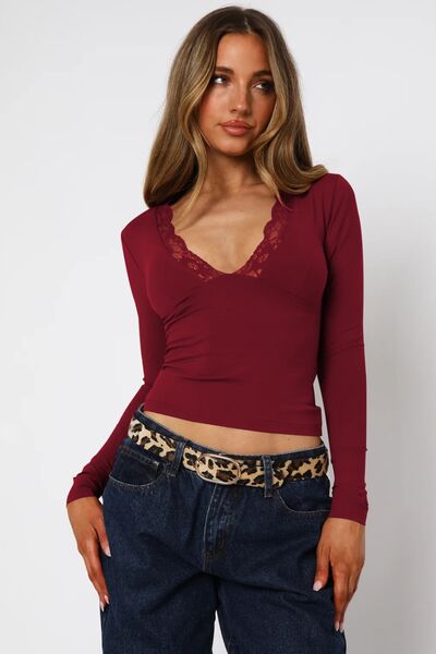 Lace Detail V-Neck Long Sleeve T-Shirt Secondary image