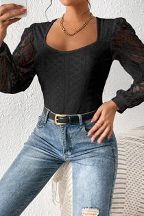 Eyelet Lace Long Sleeve Bodysuit - Semi-Sheer & Flirty