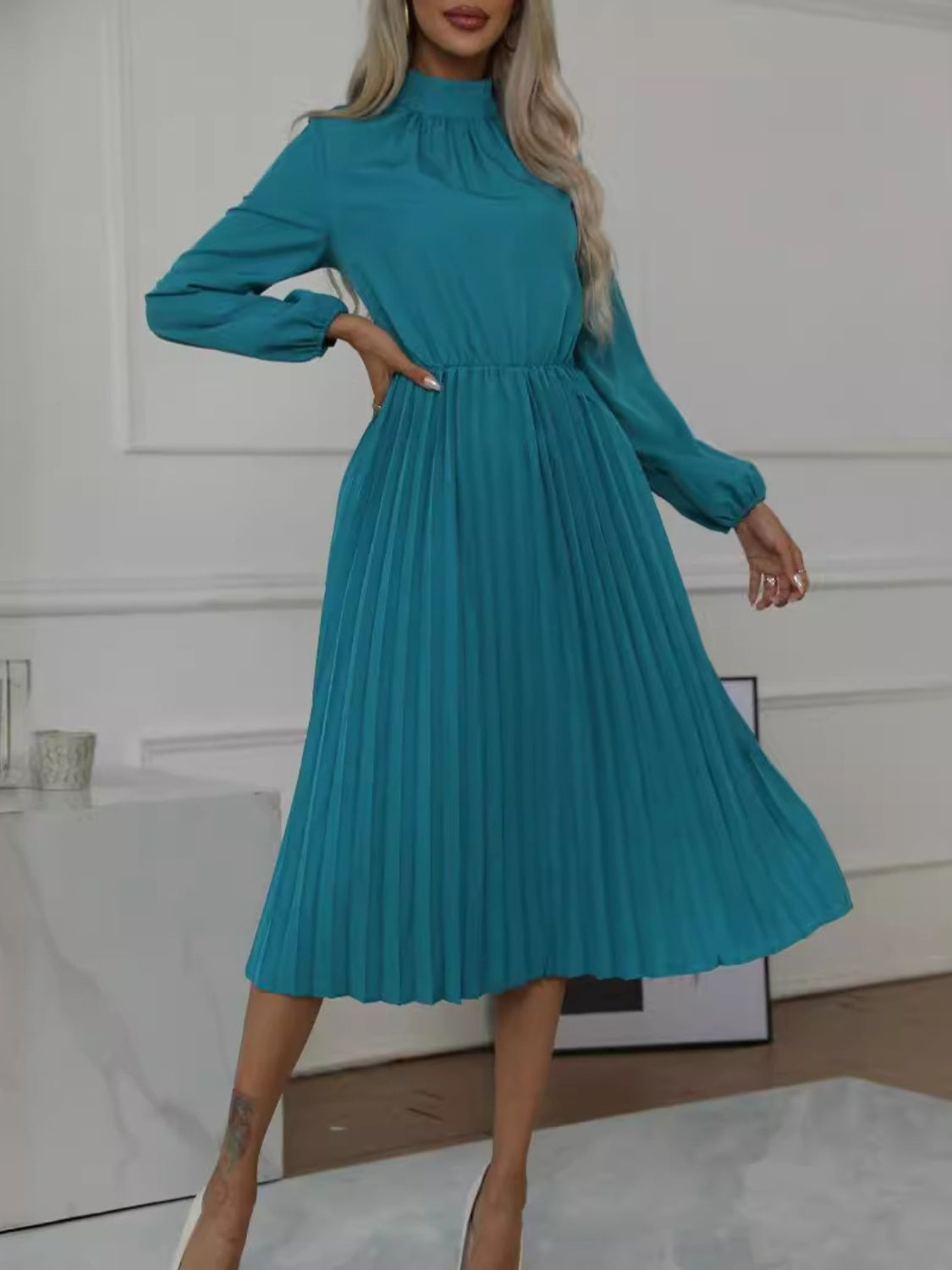Mock Neck Long Sleeve Pleated Dress Main image