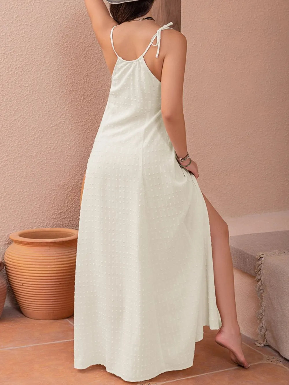 Swiss Dot Maxi Dress with Cutout and Tie Detail Secondary image