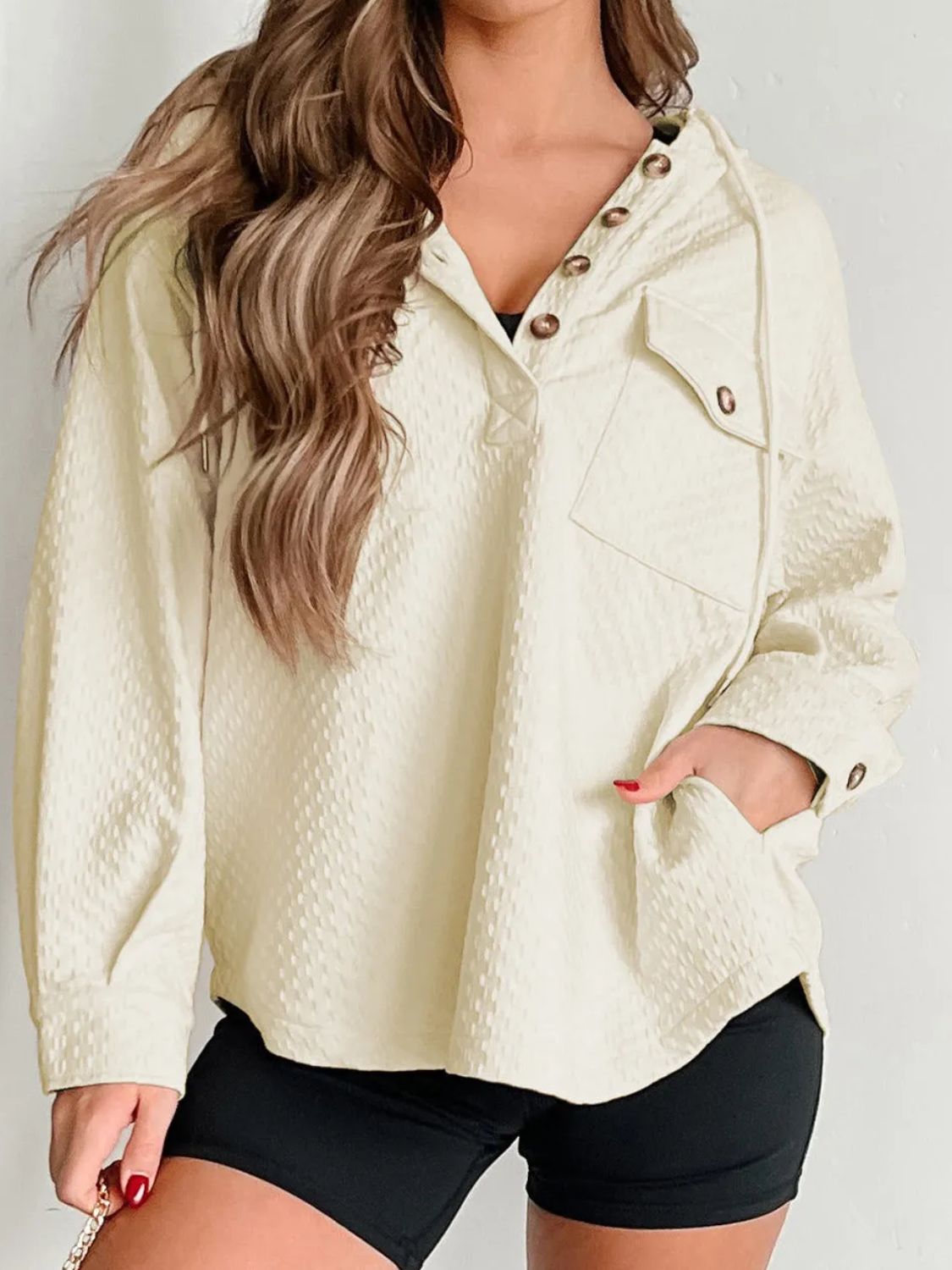 Drawstring Half Button Long Sleeve Hoodie Main image